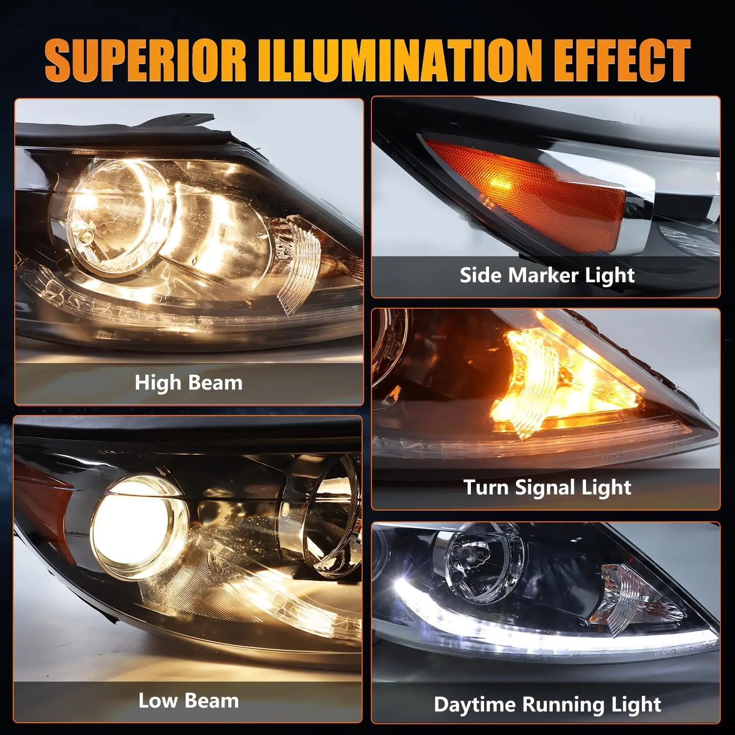 Halogen Headlamp Assembly with LED Daytime Running Light, Clear Lens Amber Reflector, for 2013-2016 Sportage - Passenger & Drive