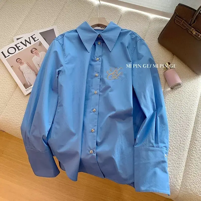 

Shirts and Blouses Shirts for Women 2025Embroidered Blue Collar Shirt for Women's Spring and Summer New Casual Loose Fit Shirt