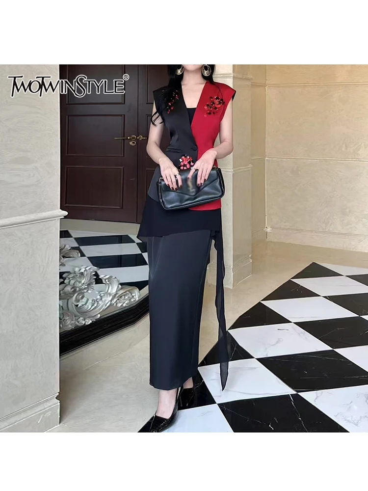 

TWOTWINSTYL Hit Color Two Piece Set For Women V Neck Sleeveless Tunic Top High Waist Temperamment Skirt Elegant Sets Female New