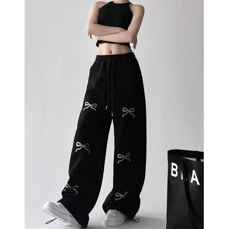 الرجعية عالية الخصر Sweatpants غير رسمية ربطة القوس فيونكة طباعة واسعة الساق السراويل الإناث الرباط السراويل Widcasual الهيب هوب الرقص الشارع الشهير