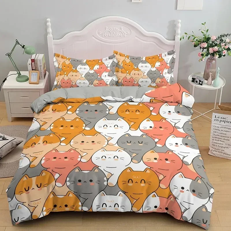 Kawaii Bedding Set Cartoon Cat Pattern Duvet Cover Children Quilt Pillow Covers Single Twin King Queen Bedclothes Home Textile