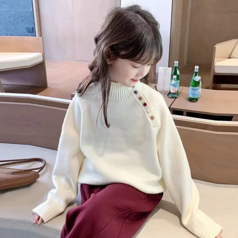 Spring Autumn Winter Teen Girls Sweaters Solid Color Jacquard Knitted Pullover For 4-14Years Girls Fashion Bottoming Shirt  125