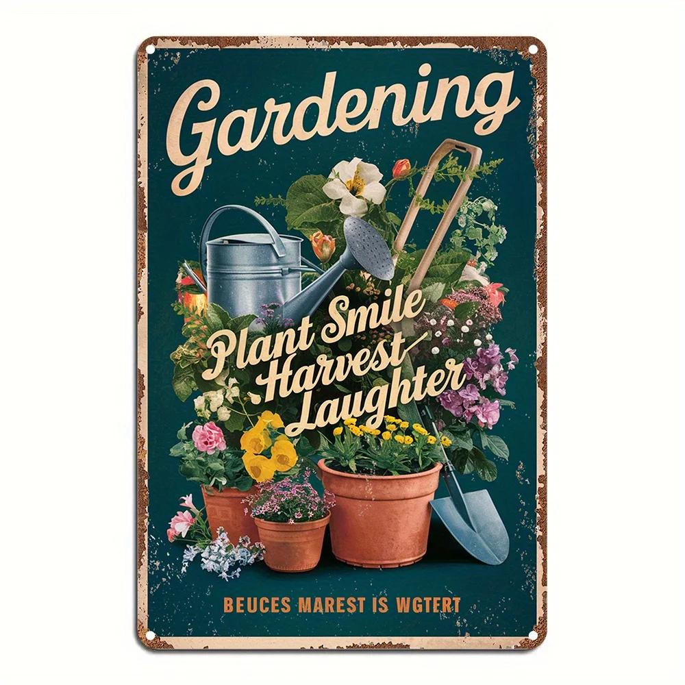 1 Vintage-Metallschild „Gartenarbeit: Pflanzen Sie Lächeln, Ernte Sie Lachen“ – 8x12 Zoll große Eisen-Wandkunst mit rustikalen Gartengeräten und Blumen