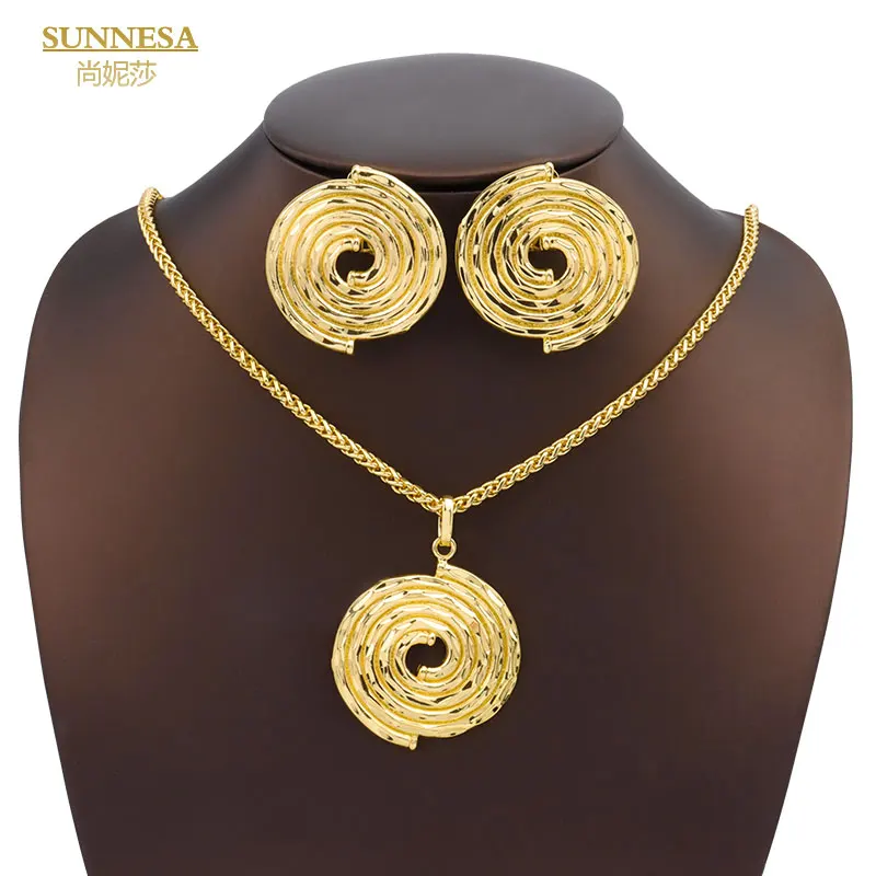 

SUNNESA Trendy Spiral Design Round Pendant 18k Gold Plated Necklace Earrings for Women African Dubai Jewelry Set Party Gift