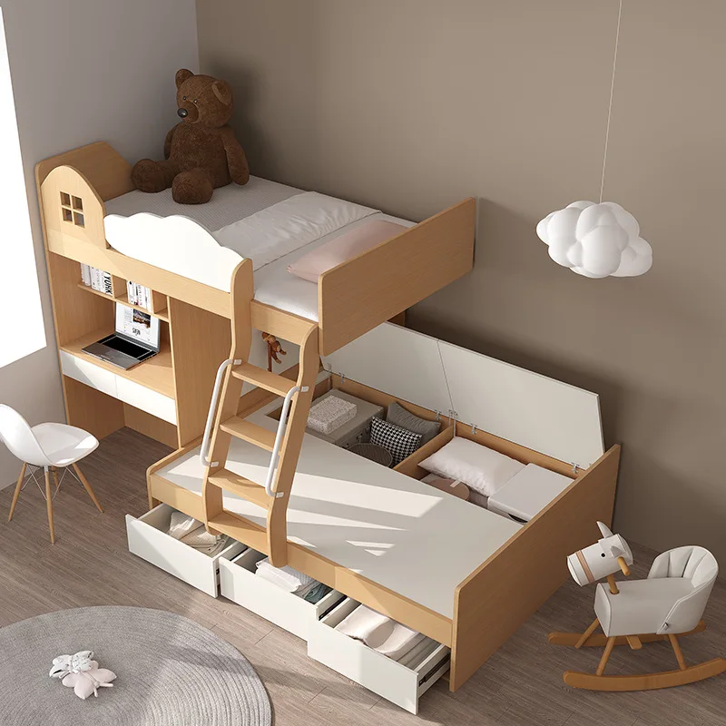 alternating bunk beds in small apartments with mother-child beds with desk, upper bed, and lower cabinets for parent-child beds