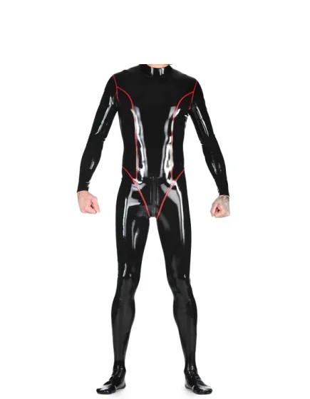 Halloween Latex Catsuit With Red Body Line  Rubber Coveralls Sexy Male Female Bodysuit Attached Feet Socks