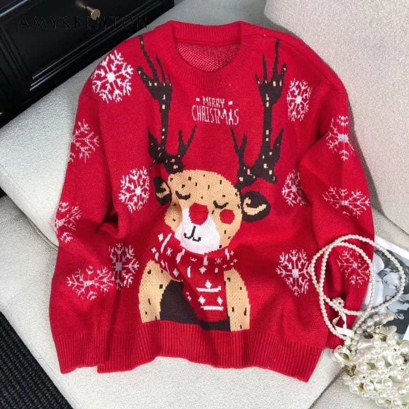 

Christmas Knitwear Women's Autumn and Winter Daily Wear Warm Jacket Atmosphere Jacquard Knitted Sweater Jumper Pullovers Female