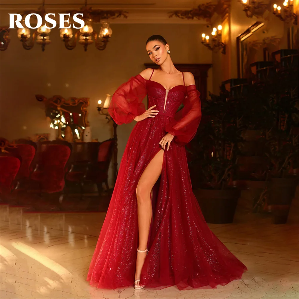 ROSES Glitter Red Prom Dresses Off the Shoulder Full Sleeves Evening Dress Side Split 프롬드레스 Spaghetti Strap Wedding Darty Dress