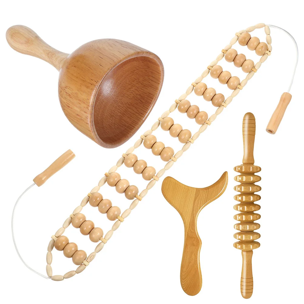 

4 Pcs Massager Tool Set Back Roller Scraper Wood Therapy Tools for Body Shaping Wooden Board