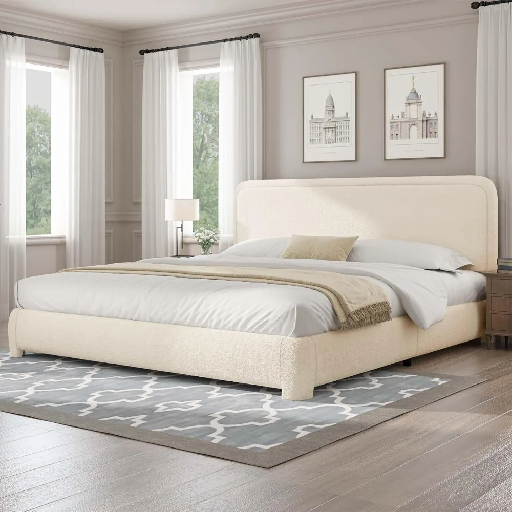 

Boucle Upholstered Bed Frame King Size/Soft Rounded Corners Headboard/Low Profile Bed Frame/No Box Spring Needed/Cream