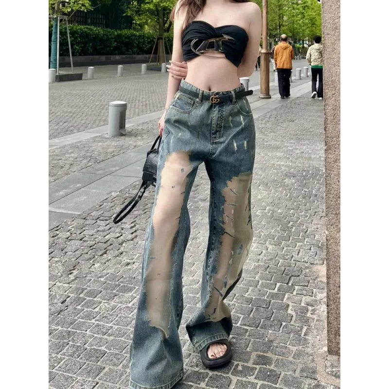 Y2k Denim Pants Women Vintage Quality Top Selling Loose Wide Leg Jeans Original Mesh Splicing High Waist Shot Trouser Streetwear