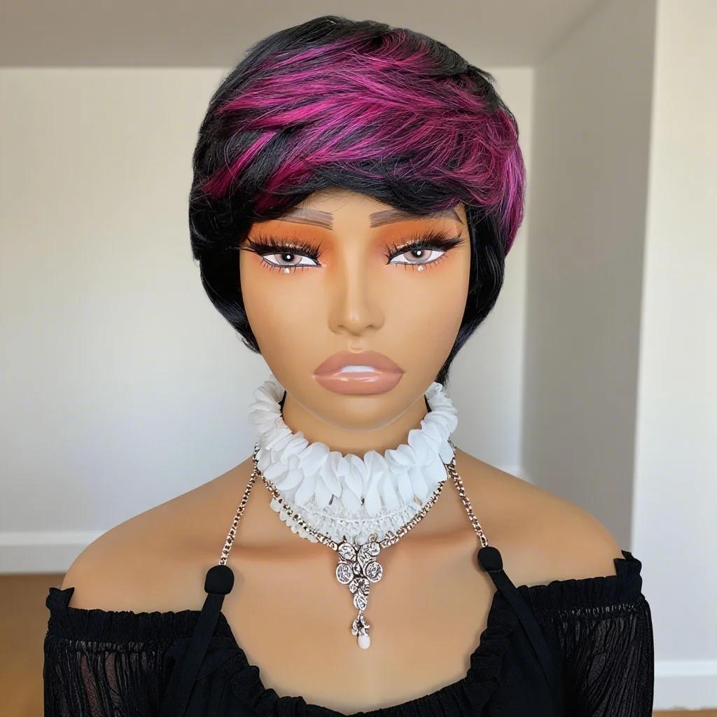 شعر مستعار بشري بقص بيكسي للنساء 1B/أرجواني قصير مستقيم بنمط كامل مصنوع آليًا مثاليًا للنساء #5