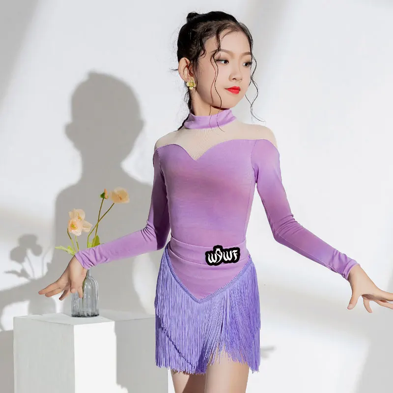 Autumn and Winter Latin Dance Dress for Girls, Long Sleeve Splicing Competition Standard Performance Dress