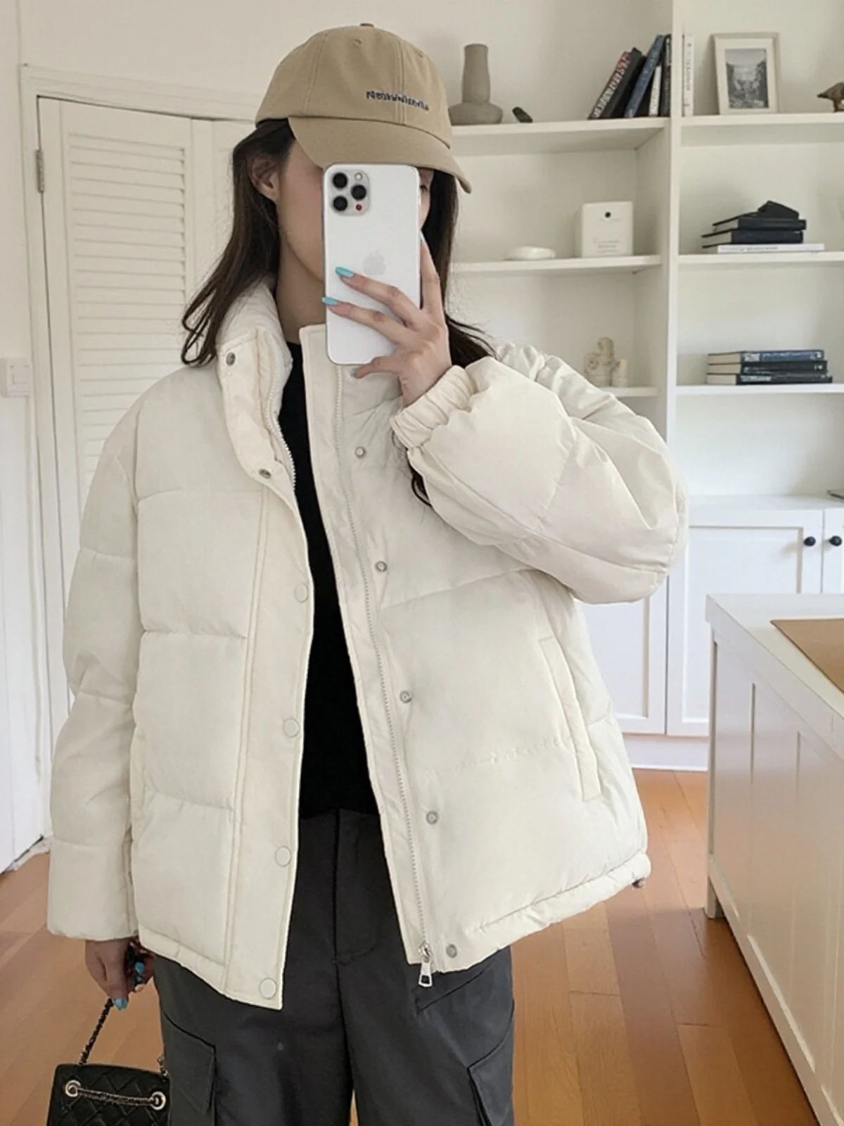 

Sli ort Thiened Cotton Jaet Women's Winter Warm Faionable Korean Version Loose Fit Pure Color Button down Coat