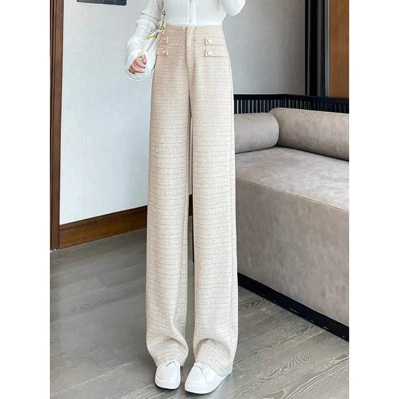 

Шерстяные широкие брюки с небольшим запахом, женские зимние утолщенные новые обвисающие брюки с высокой талией, шерстяные прямые брюки