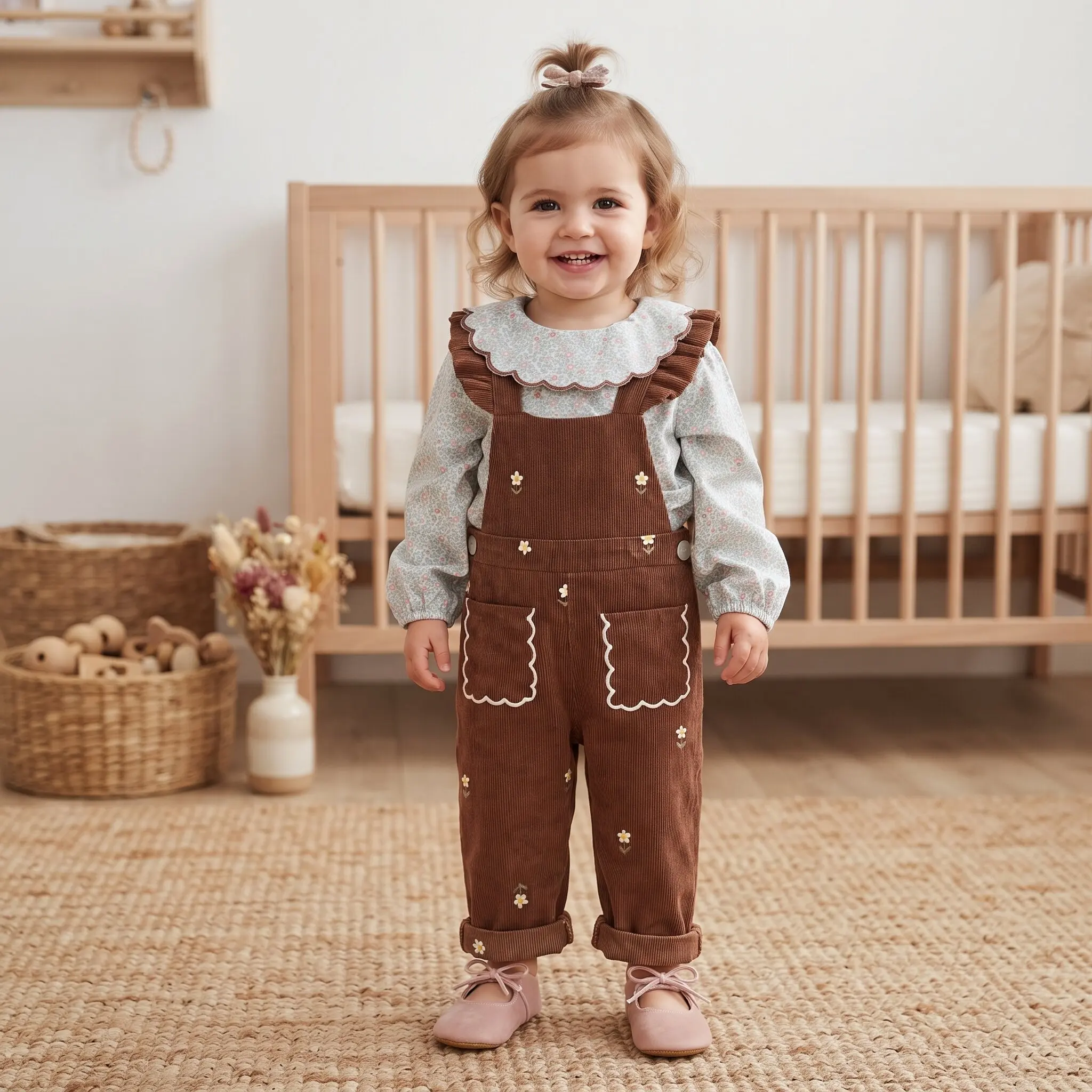 Baby-Mädchen-Bluse mit Blumenmuster und Peter-Pan-Kragen, langärmelig, braune Corduroy-Overalls mit Blumenstickerei und Rüschenbändern, 2-teiliges Set – Detail 1