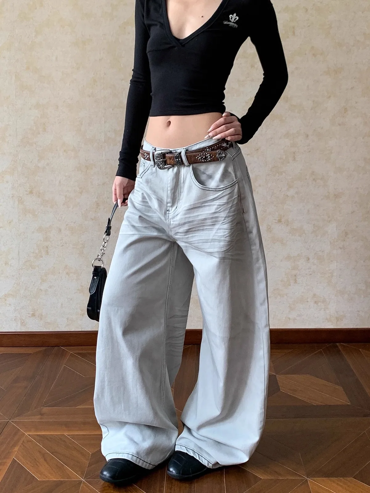 

Retro American Waed White Knife Jeans Loose Fit ex Street Sle Versatile Long Trousers for Men And Women