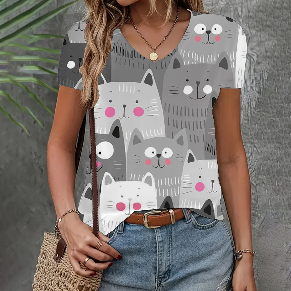 

Women's T-shirt 3d Cat Print Short Sleeve Summer Fashion V-neck Top Loose Casual Half Sleeve Elegant Clothing Women's T-shirt