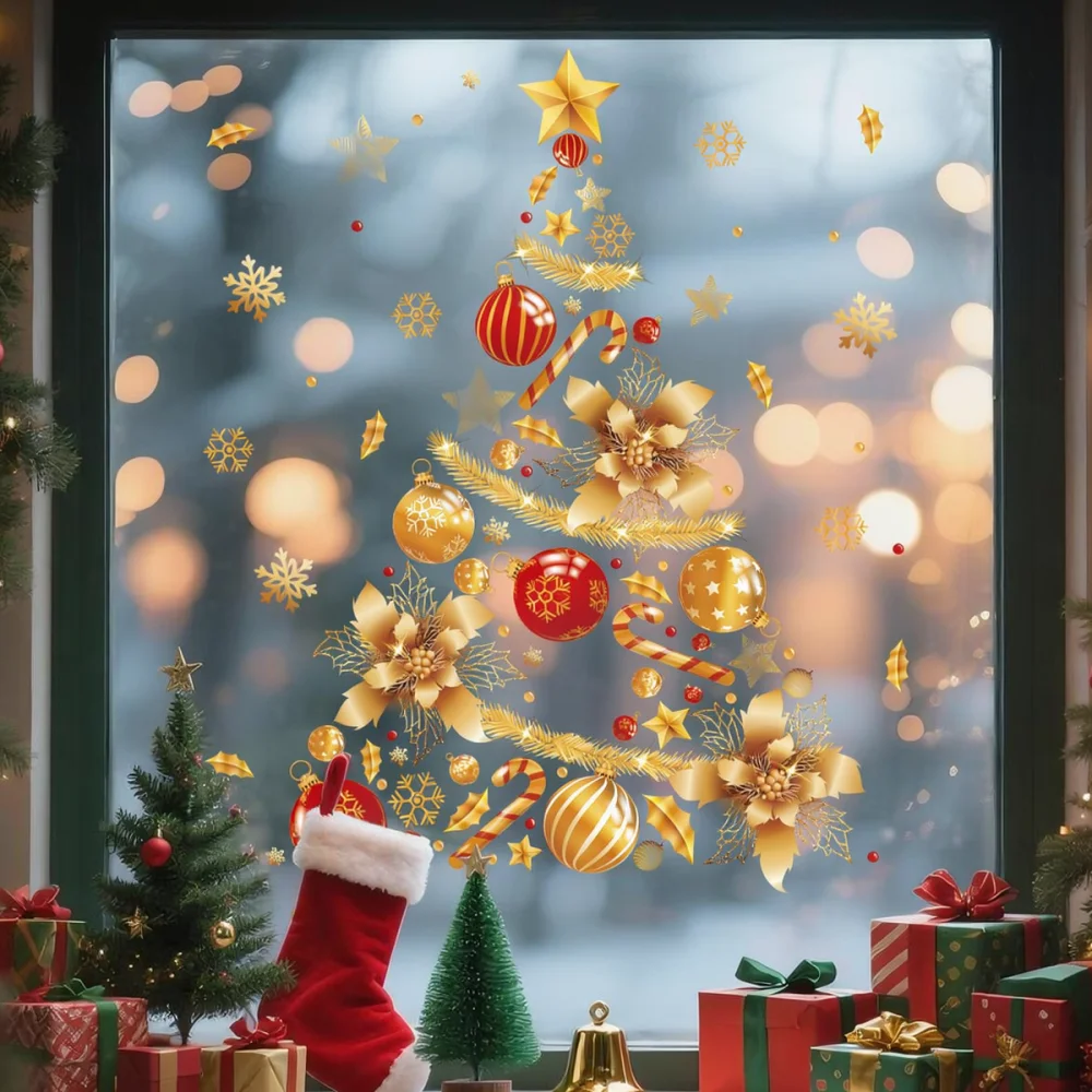 Decorative Christmas Window Film Static Cling Gold Star Xmas Tree Design Holiday Party Glass Wall Stickers