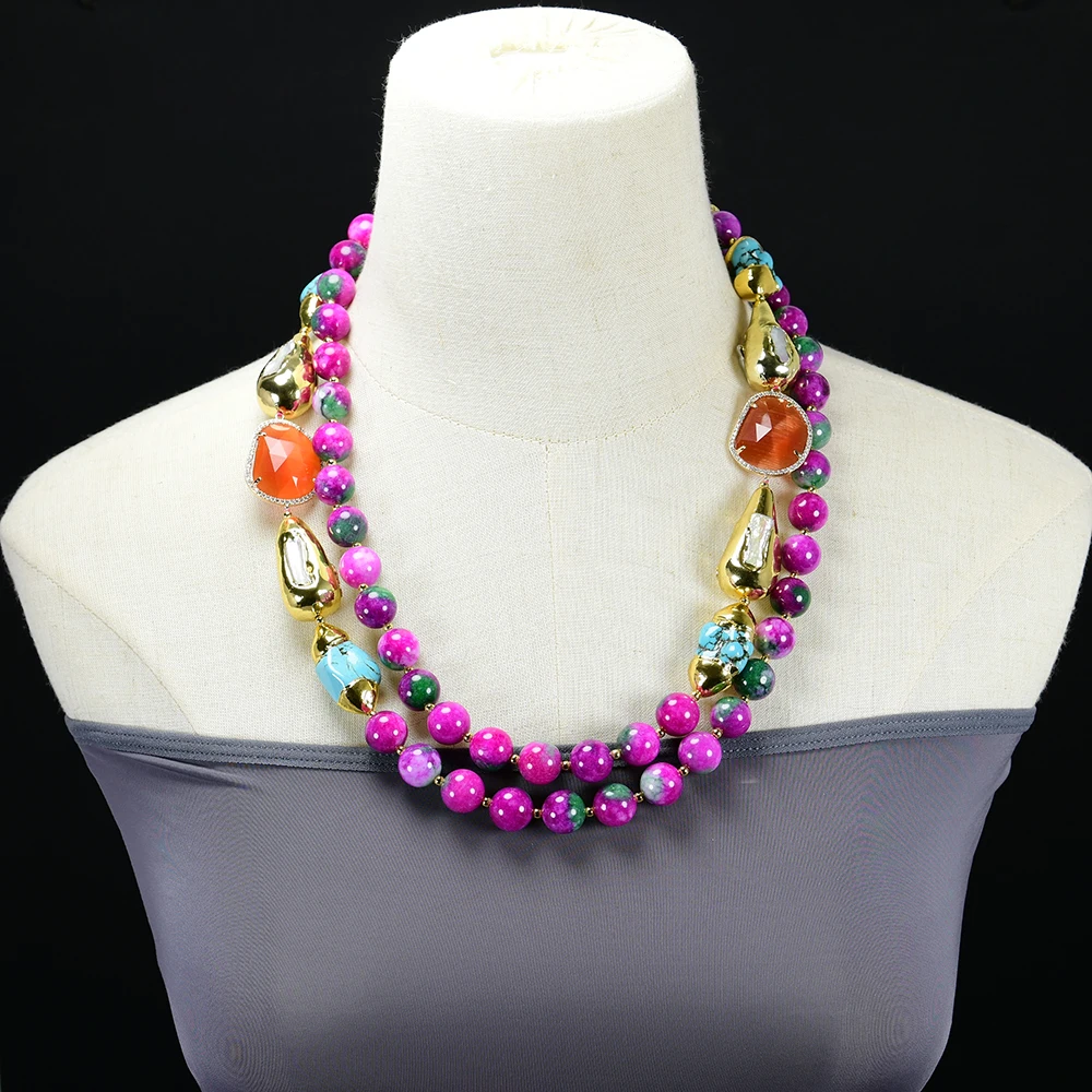 GG 2 Rows Mix Color Green Fuchsia Jade Cultured White Biwa Pearl CZ Paved Cat eye Crystal Turquoise Necklace