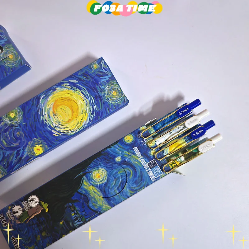 

4Pcs 0.5mm Black Ink Ballpoint Pens Trendy Van Gogh Oil Painting Press Gel Pen Stationery Quick-Drying Pens For Student