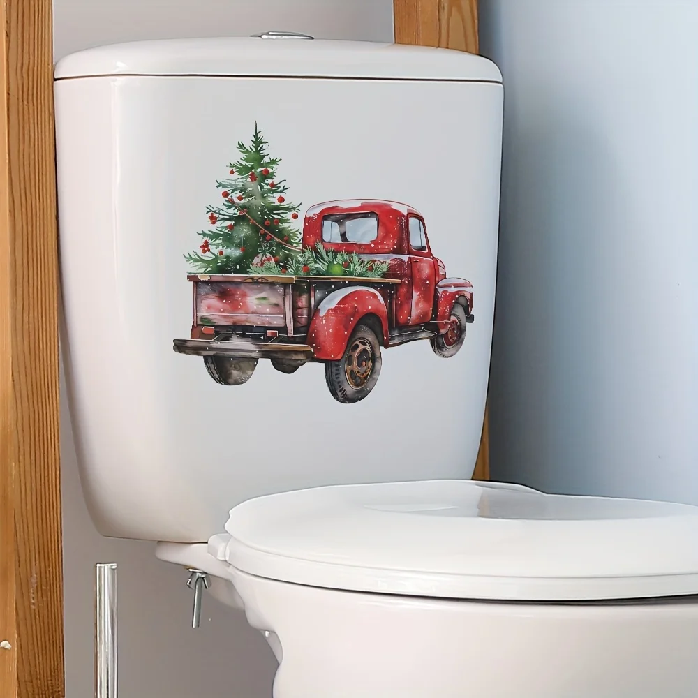 Christmas Holiday Self-Adhesive PVC Toilet Decals Red Truck And Tree Design for Bathroom Kitchen Window Glass Decoration B77
