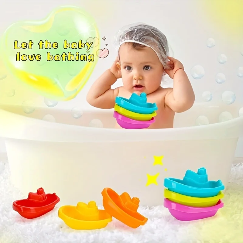 6 Pcs/Set Infant Rainbow Boat Stacking Bath Toys, Color Cognition Recognition, Stackable Floating Boat Beach Water Toys