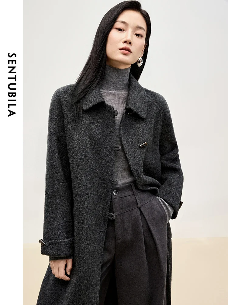 

SENTUBILA Women's Long Coat 100% Wool 2025 Winter Elegant Outerwears Bull Horn Buckle Big Pockets Warm Woman Overcoat W44O55978