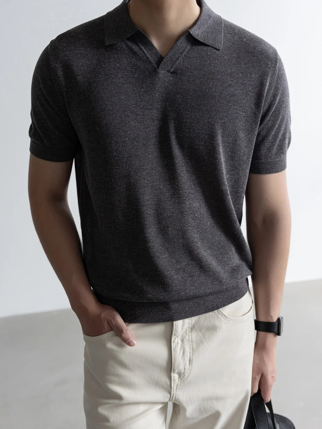 Summer O-Neck Short Sleeve  Shirt Knitted 240G  Silk Linen Blend Breathable Standard Fit Men's Fashion TWENTY FIVE