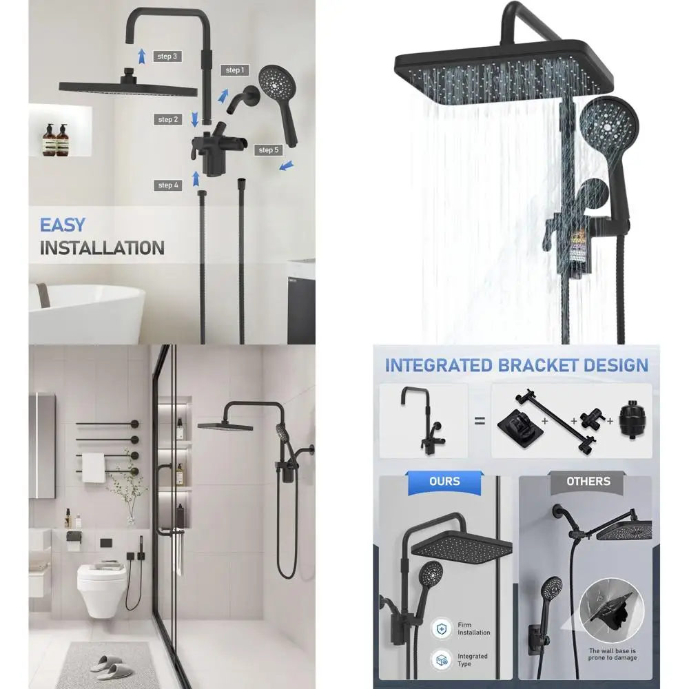 

12-Inch High-Purity Rainfall Shower Combo with Handheld Spray and Adjustable Slide Bar, Dual Rainfall, Black Bathroom Accessorie