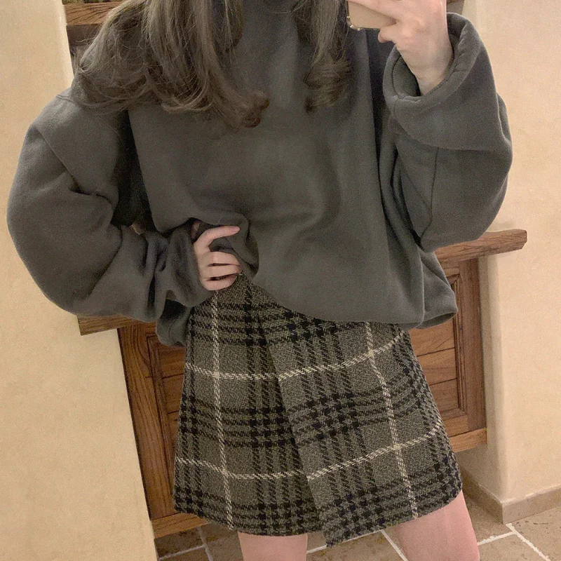 

S-3XL мини-юбки женские осенне-зимние повседневные клетчатые нерегулярные винтажные универсальные корейские модные милые уличные одежды с высокой талией для девочек