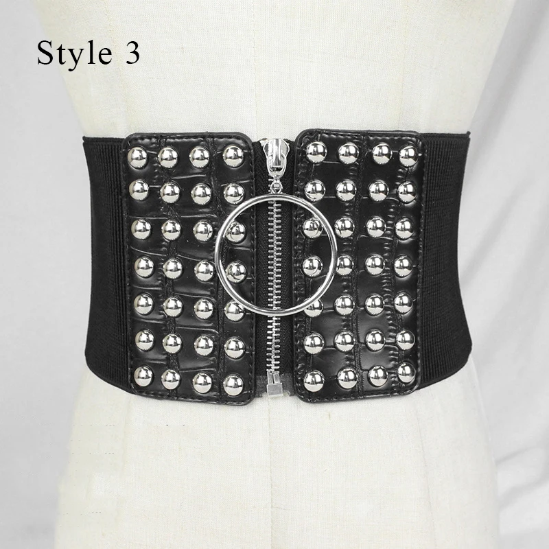 Ceinture Cummerbund à rivets élastiques pour dames, ceinture large noire, ceinture amincissante, taille haute, ceinture à fermeture éclair, ceinture décorative, mode