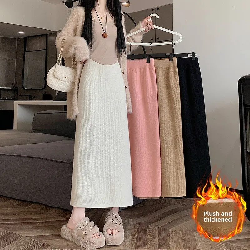 Knitted Plush Thick Skirts Women Casual Elegant Harajuku Lovely Females College Warm A-line Elastic High Waist Korean Fashion