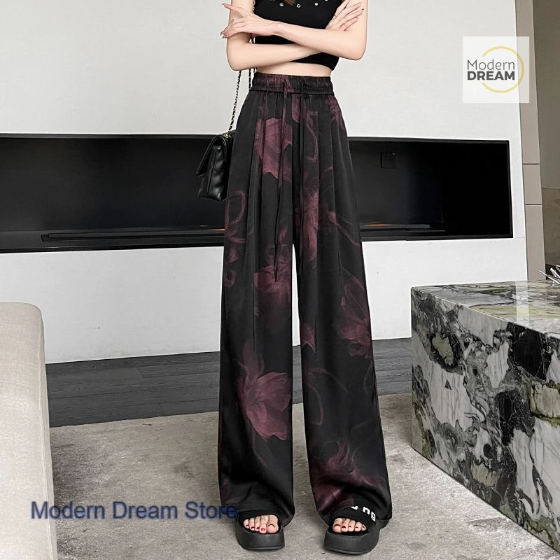 الكورية نمط الرجعية طلاء حبر التعادل مصبوغ واسعة الساق السراويل النسائية الصيف رقيقة رقيقة مطبوعة الساتان عارضة مهرج السراويل المستقيمة.