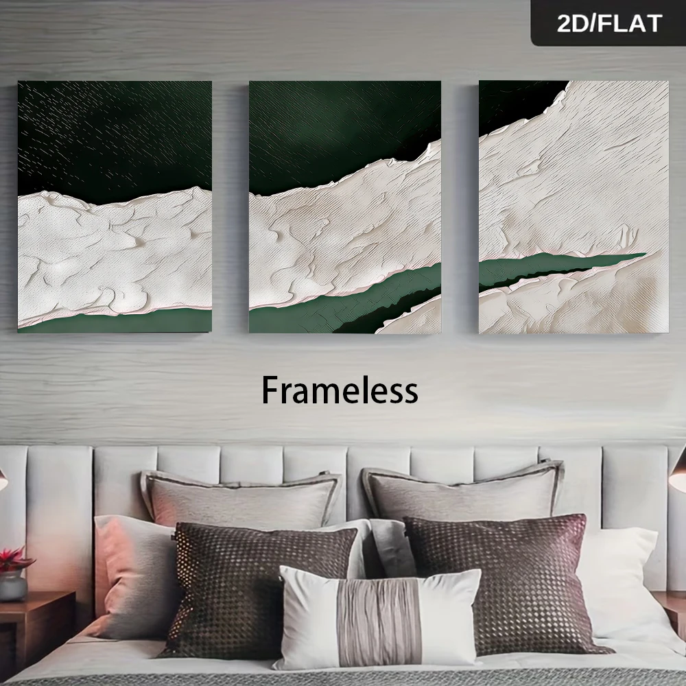 3PCS Frameless(2D flat.)1 set of modern minimalist three-panel decorative painting, ink green and white abstract frameless paint