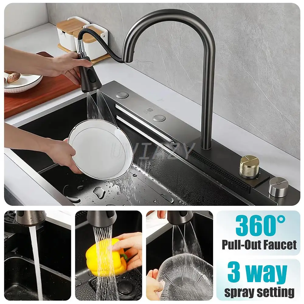 Imagem -04 - Pia da Cozinha com Dreno Grande Tigela Única Lavatório Undercounter Topmount Black Faucet Raindance Cachoeira Aço Inoxidável 304