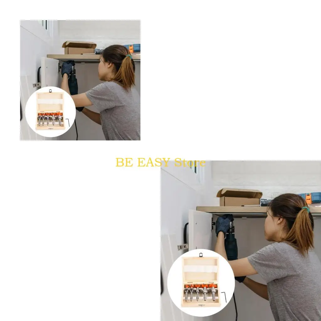 E28F Door Lock and Hinge Boring Bit 15Mm-35Mm Hole Cutter Set with Adjustable Positioning Rings, Shank and Storage Box for