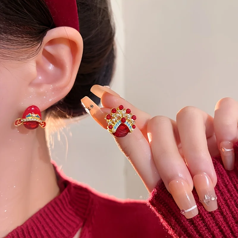 Fashion Chinese-style asymmetrical red stud earrings opera-themed female warrior earrings, women's New Year celebration earring