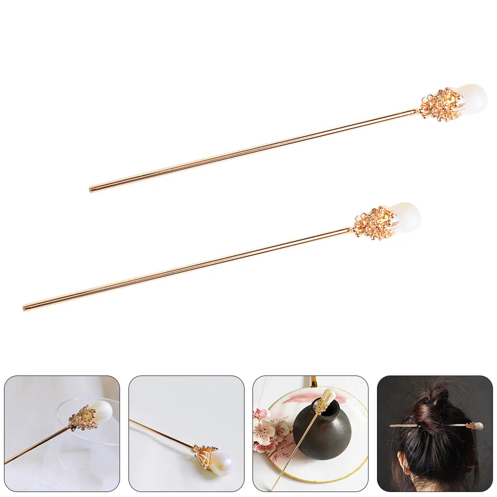 

2pcs Pearl Hairpin Gold Clip Accessories Women Chopstick Decorate Wedding Party Daily Life Proms Retro Style Safe Durable Hair