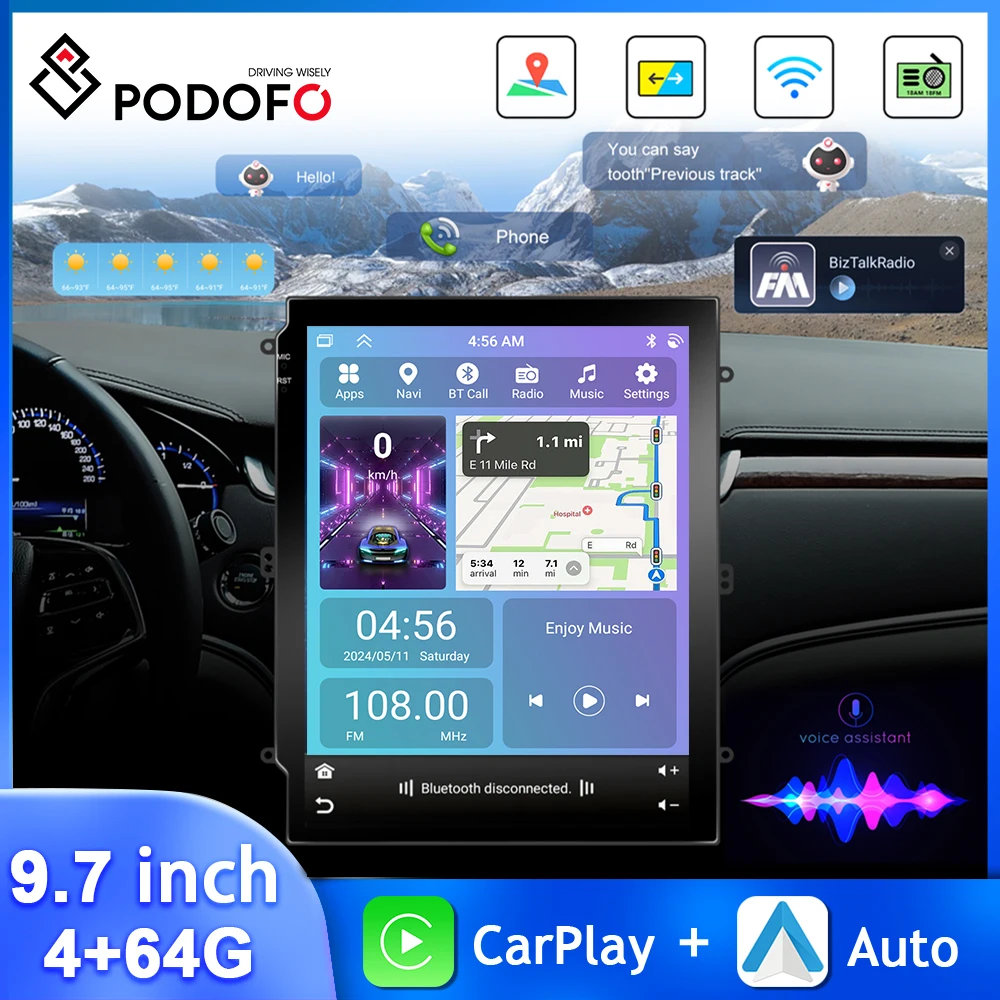 

Podofo 2Din 9.7''Car Radio 4+64G Multimedia Player 4Core CarPlay Android Auto GPS Navigation WIFI EQ Sound Mirror Link Car Audio