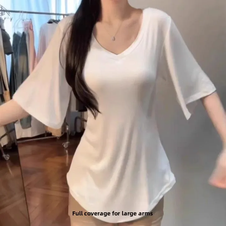 

Женская модальная футболка с v-образным вырезом и ор-sleeve, летняя повседневная облегающая футболка с базовым слоем, однотонный топ Bell-sve