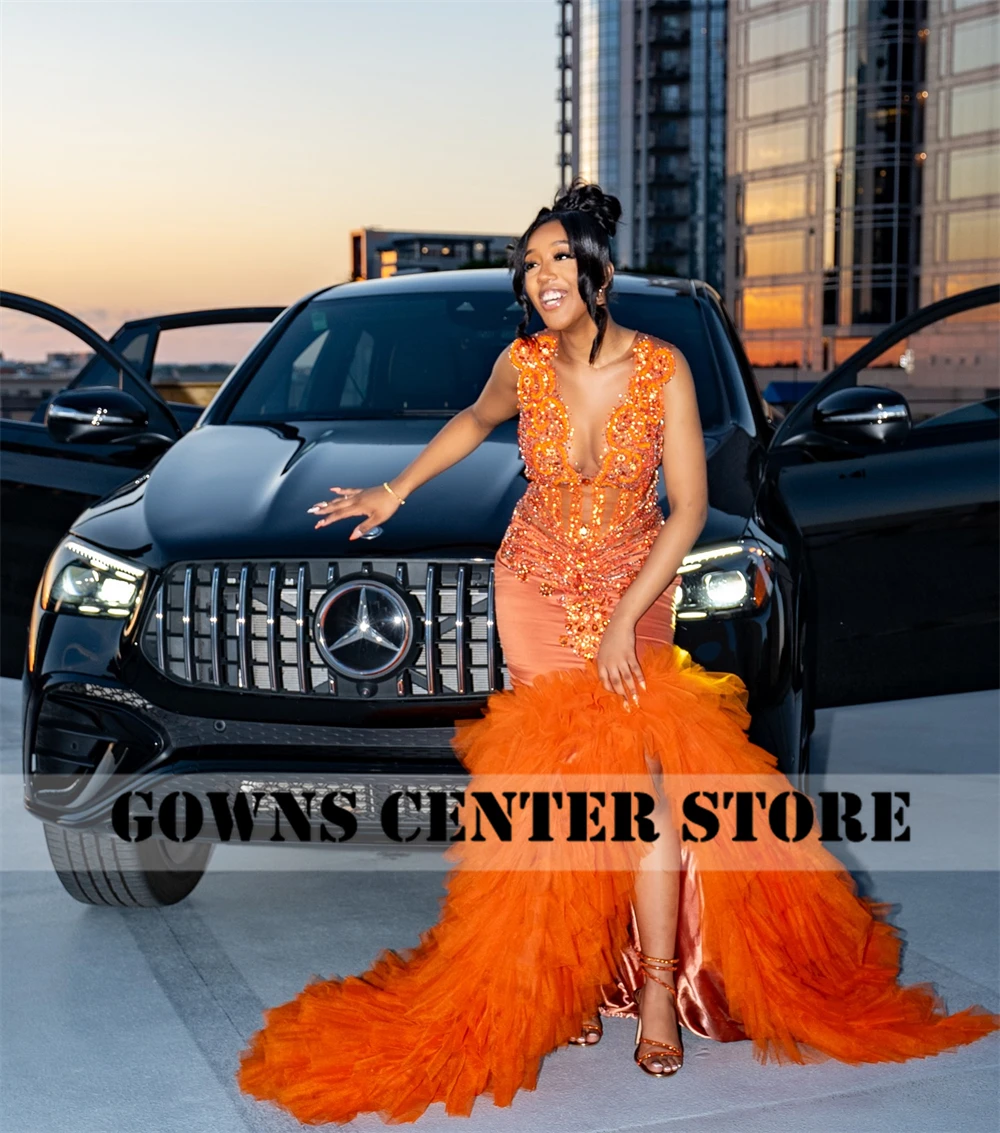 New In Orange Split Ruched Train Prom Dresses Diamond Crystal Black Girl Pageant Birthday Dress Evening Formal Dress Customized