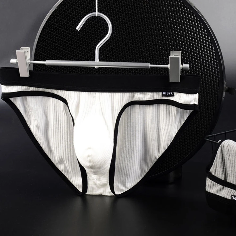 Male Briefs Ribbed Striped Soft Panties Underwear Men Beachwear Breathable Bulge Pouch Underpants Low Rise Man