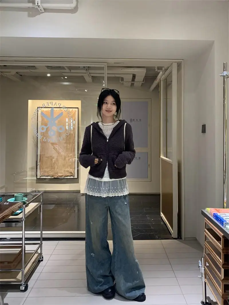 

Винтажные рваные прямые джинсы Millennial, американские универсальные хлопковые женские джинсы с талией 2024, осень l