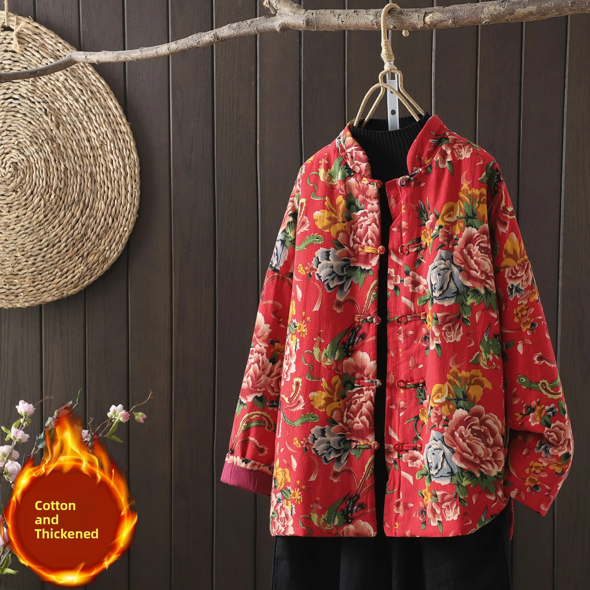 

Thiened Warmth Cotton Jaet Северо-восточное женское пальто с большим цветочным узором в этническом стиле свободного покроя на пуговицах в стиле ретро для поездок на работу Sle