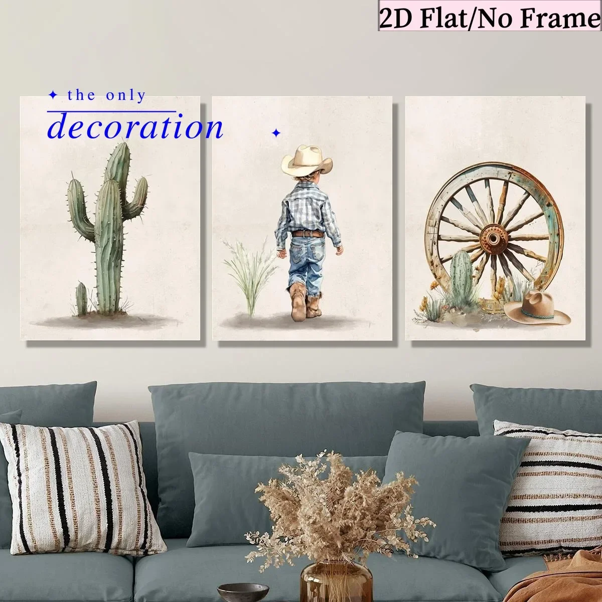 2D Flat, 2D Flat, 3pcs 2D Flat Canvas Prints, Watercolor Green Cactus, Cowboy Boy Western Art Watercolor, Watercolor Bohemian