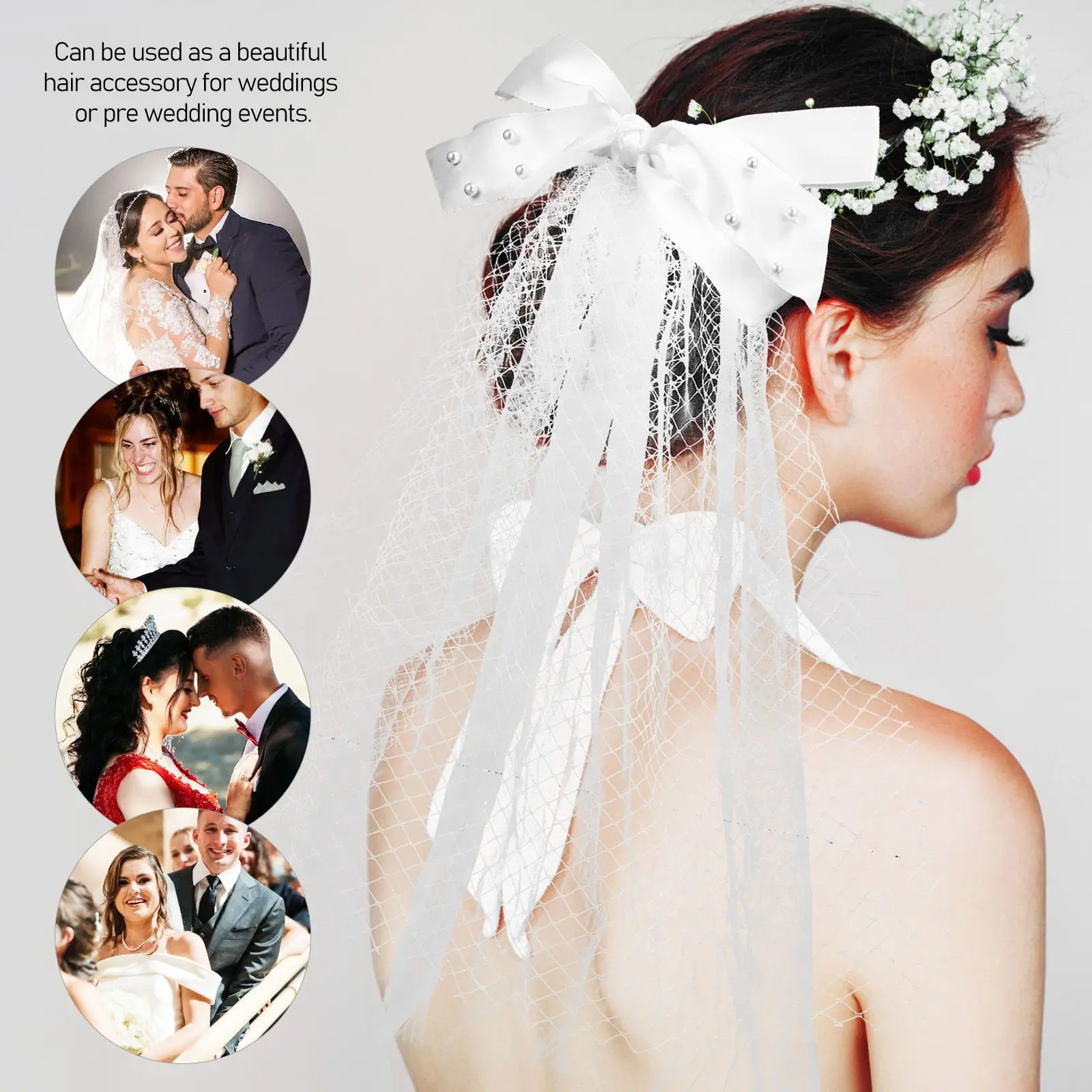 

Pearl Bow Veil Mesh Short Black Bridal Veil Short Wedding Hair Accessories Hidden Clip Bride Prom Dresses Lace Ribbon