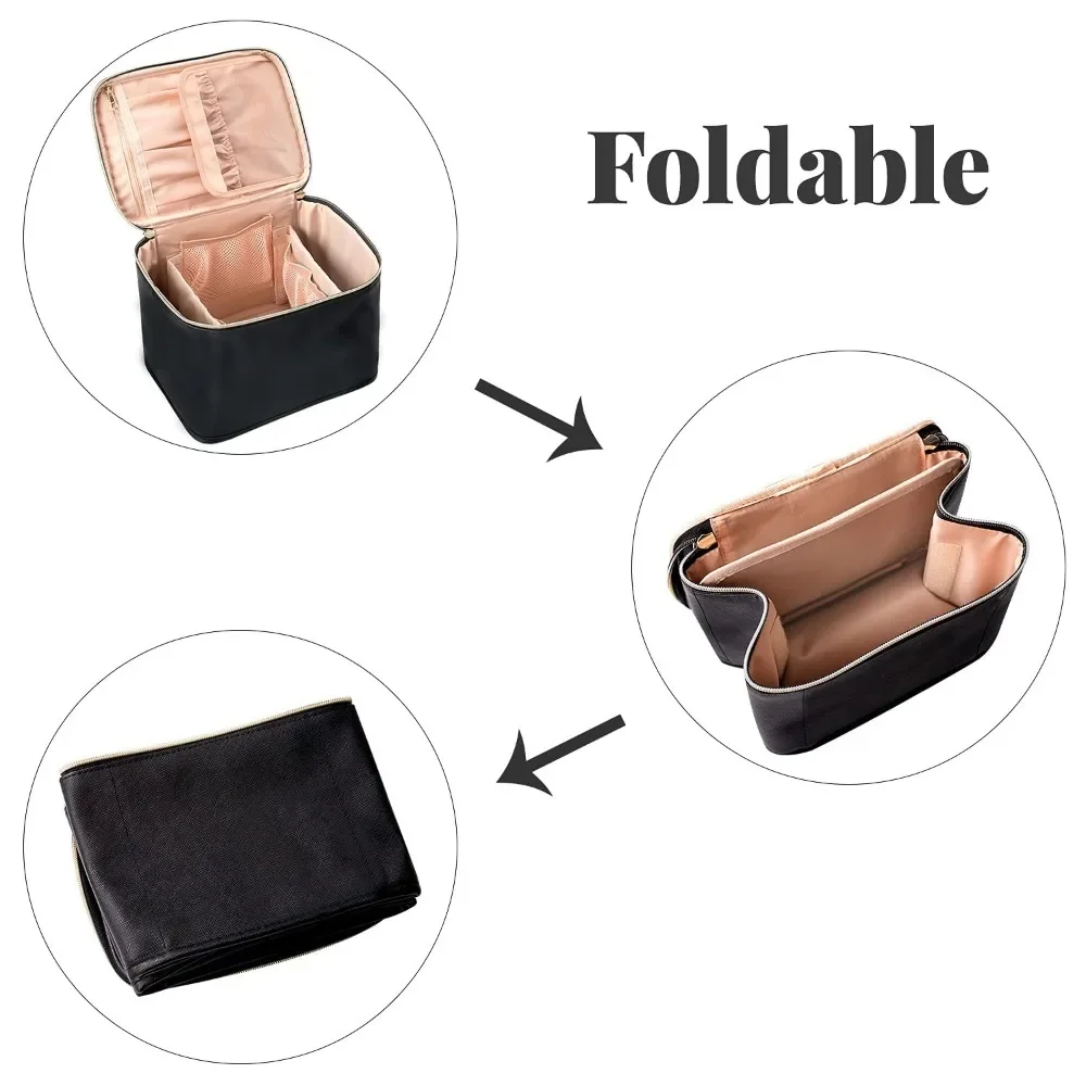 حقيبة مستحضرات التجميل الكبيرة للسفر للسيدات - منظم جلدي مقاوم للماء مع حامل فرشاة وفواصل