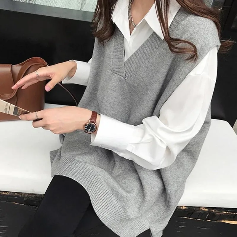 2024 Autumn Winter Knitted Casual Sleeveless V Neck Women Sweater Vest Solid Oversized Warm Pullover Loose Women Clothes 12239