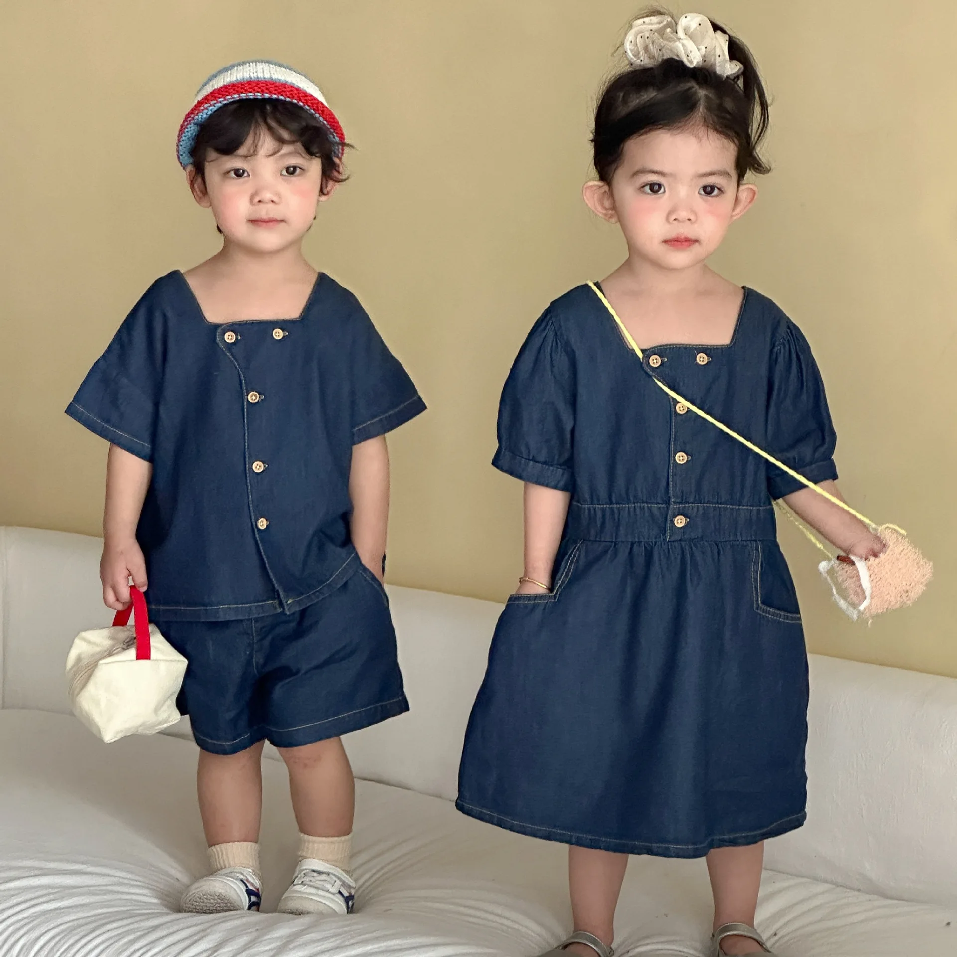 

2026 Summer New Children Clothes Set Boys Denim 2pcs Suit Girls Casual Dress 2pcs Suit Brother Sister Costume Toddler Outfits